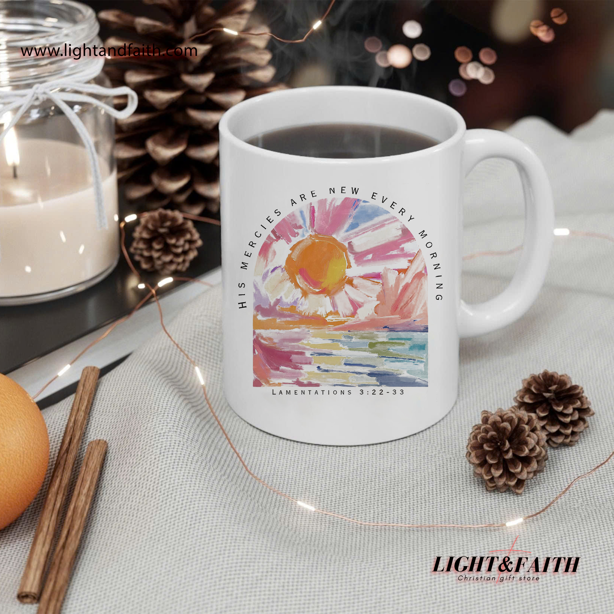 His Mercies Are New Every Morning Mug – Lamentations 322-23 Scripture Coffee Cup, Christian Sunrise Art Mug, Inspirational Faith Gift MULAF07